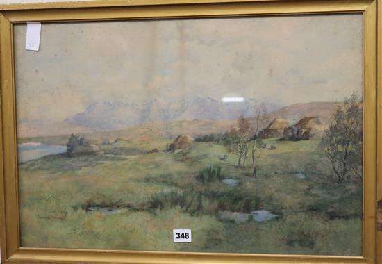 James G. Murray, watercolour, Crofters cottages in a highland landscape, signed, 40 x 60cm